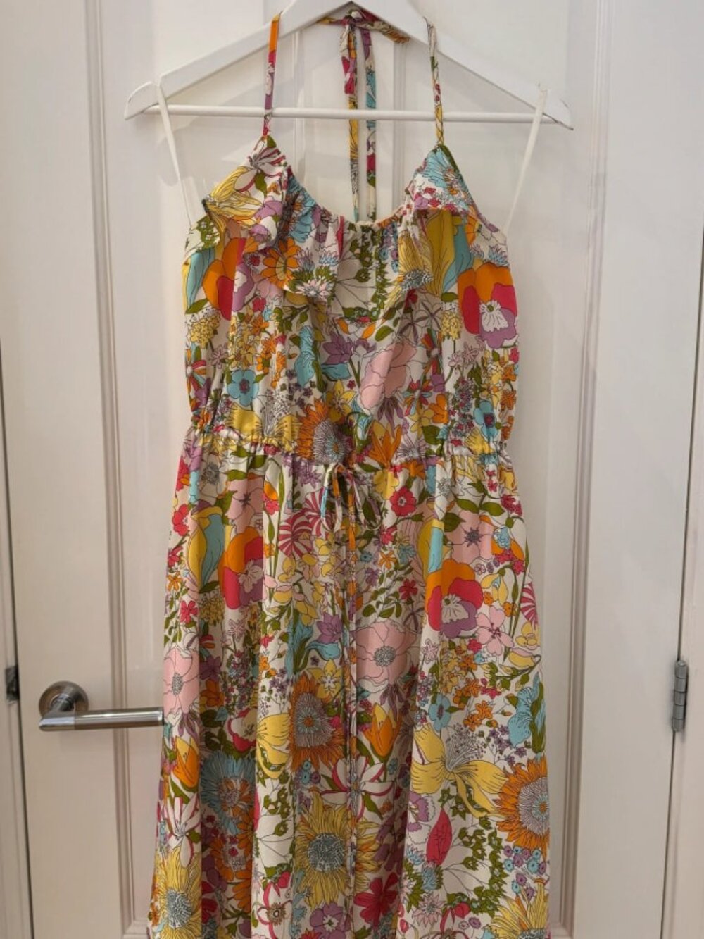 Colorful Floral Halter Neck Sundress Adjustable Waist Women's Size L